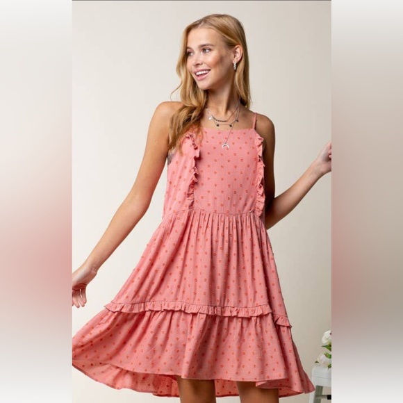 Doe & Rae Dresses & Skirts - Pink Swiss Dot Ruffle Tiered Mini Dress, Boho Cottagecore Summer Dress Size S